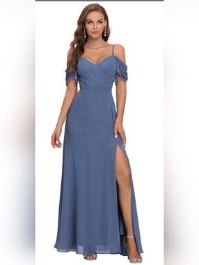 216. Ever Pretty - Elegant Slate Blue Cold-Shoulder Chiffon Maxi Dress